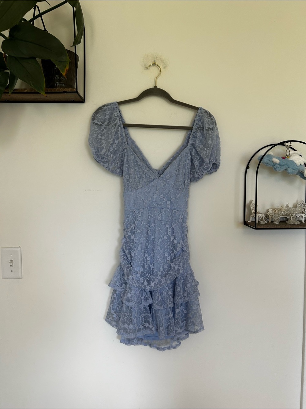 NWT Saints + Secrets Baby Blue Lace Puff Sleeve Off Shoulder Mini Dress‎ Small